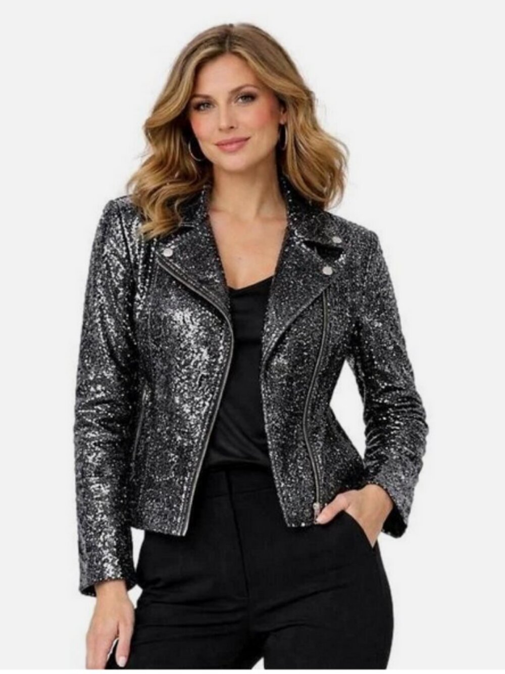 Colleen Lopez Women's Luxe Sequin Moto Jacket Silver XXS S M L XL 2X 3X